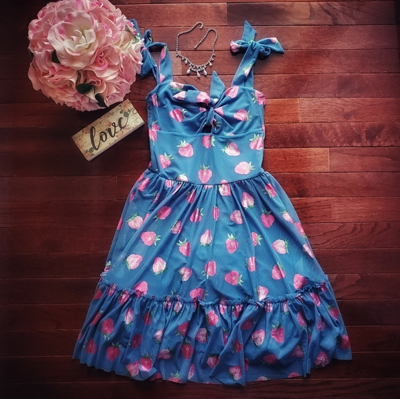 Blackmilk | Strawberries Tie Short Dress | Blue - Picture 2 of 8